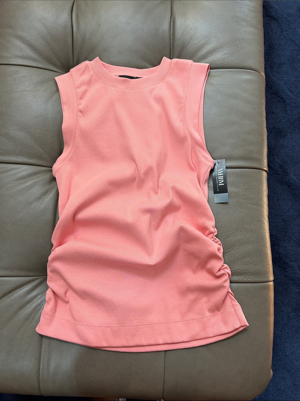 Sleeveless Ribbed Knit Tank Top  ruching on sides- Coral WHBM NWT